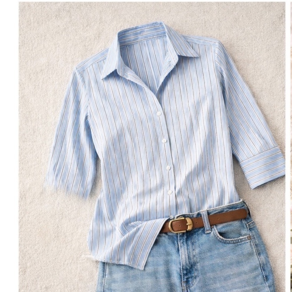 Lands' End Women's Petite OP‎ Blue White Striped Button Up Shirt 3/4 Sleeve Cott